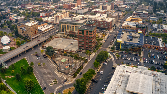 Aerial view of Missoula, Montana on a hazy morning