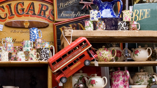 Antique collections in shelves