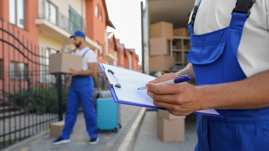 Moving Service working outdoors unloading boxes and checking list