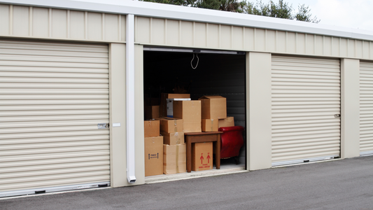 Warehouse building with self storage units. Roll up doors on self storage facility