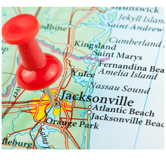 a red bobby pin indicating the location of Jacksonville, Florida on the map