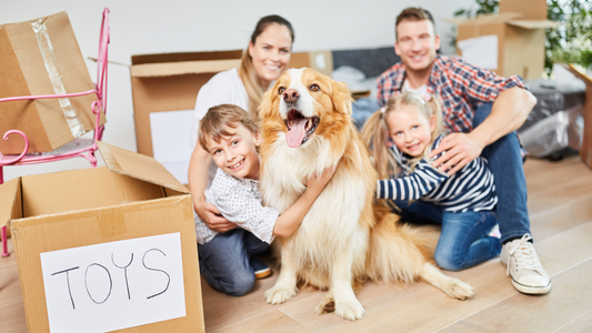 Family picture together with their fur baby. Little boy hugging the dog while her mom hugging him, together with them is the dad and the little sister.