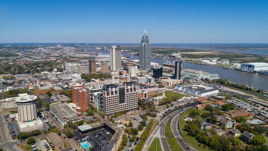 Downtown Mobile, Alabama riverside cityscape