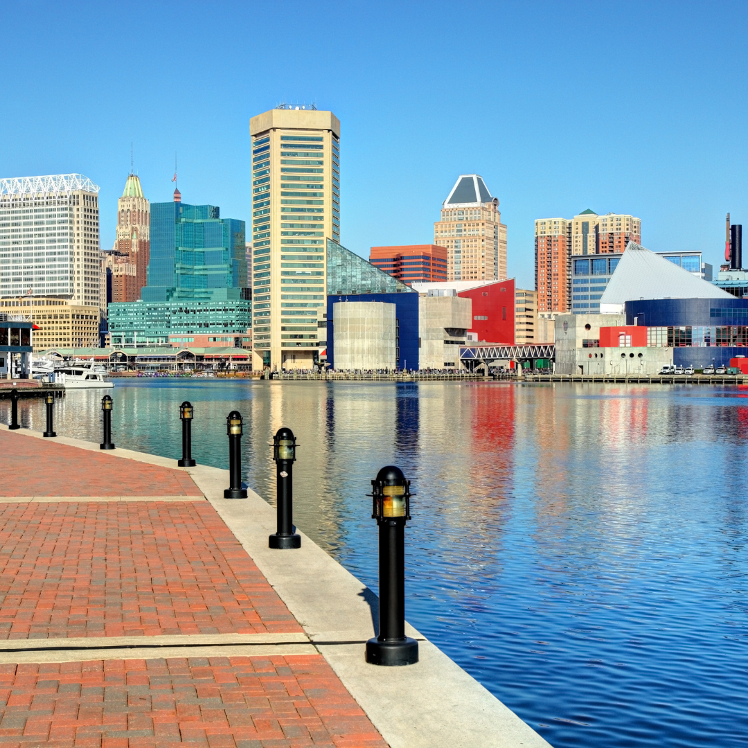 alt="the inner harbor in Baltimore, MD"