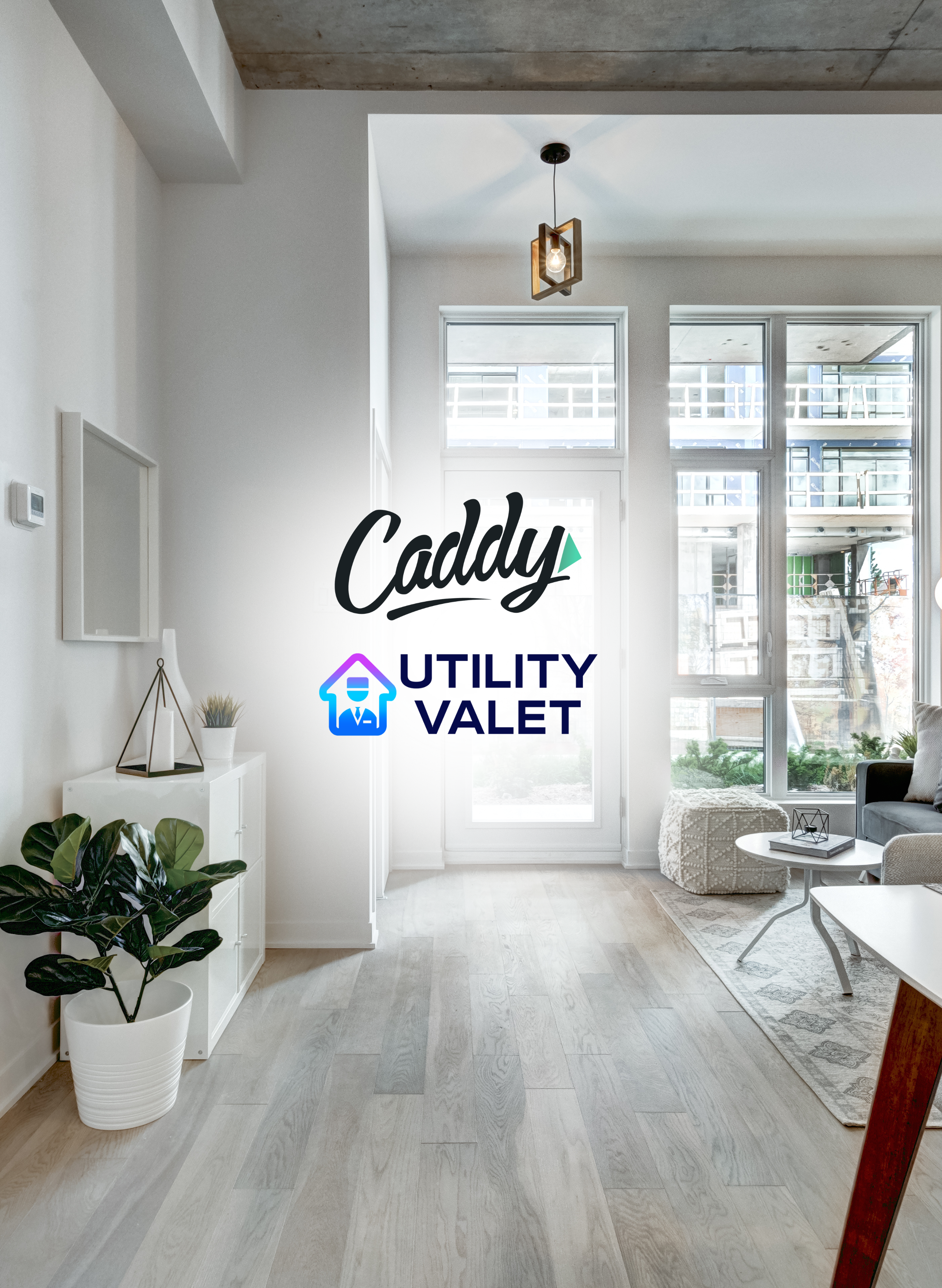 alt="modern apartment living room with the logo of Caddy and Utility Valet"